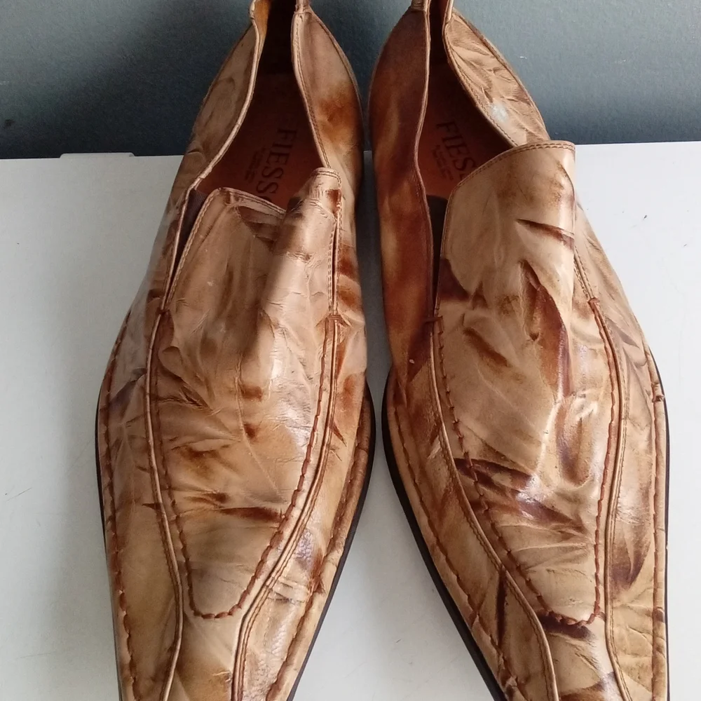 Fiesso by Aurelio Garcia Tan Textured Leather Pointed Toe Slip On‎ Loafers Mens